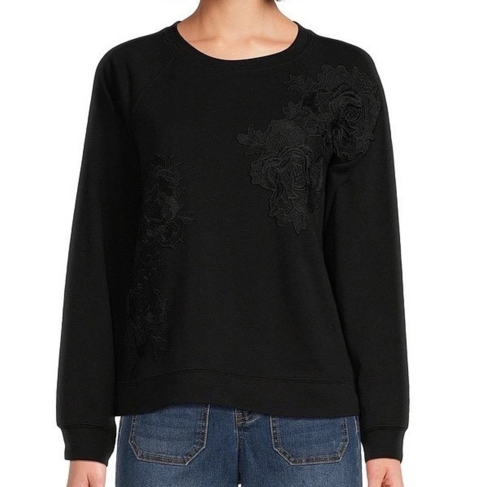Nurture by Westbound Womens XL Black Floral Lace Applique Raglan Sweatshirt Top